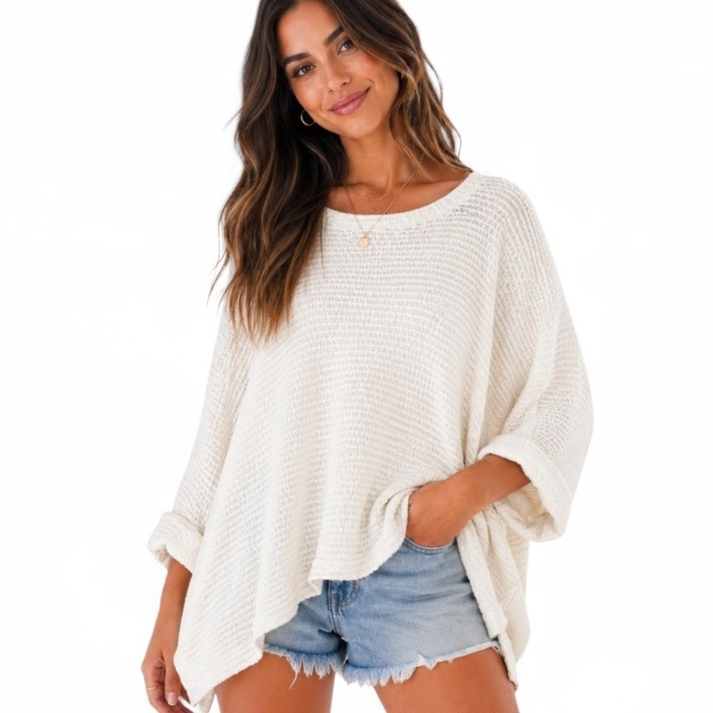 Urban Mangoz Cream Waffle Knit Sweater Large Oversized Top Boho Slouchy Used